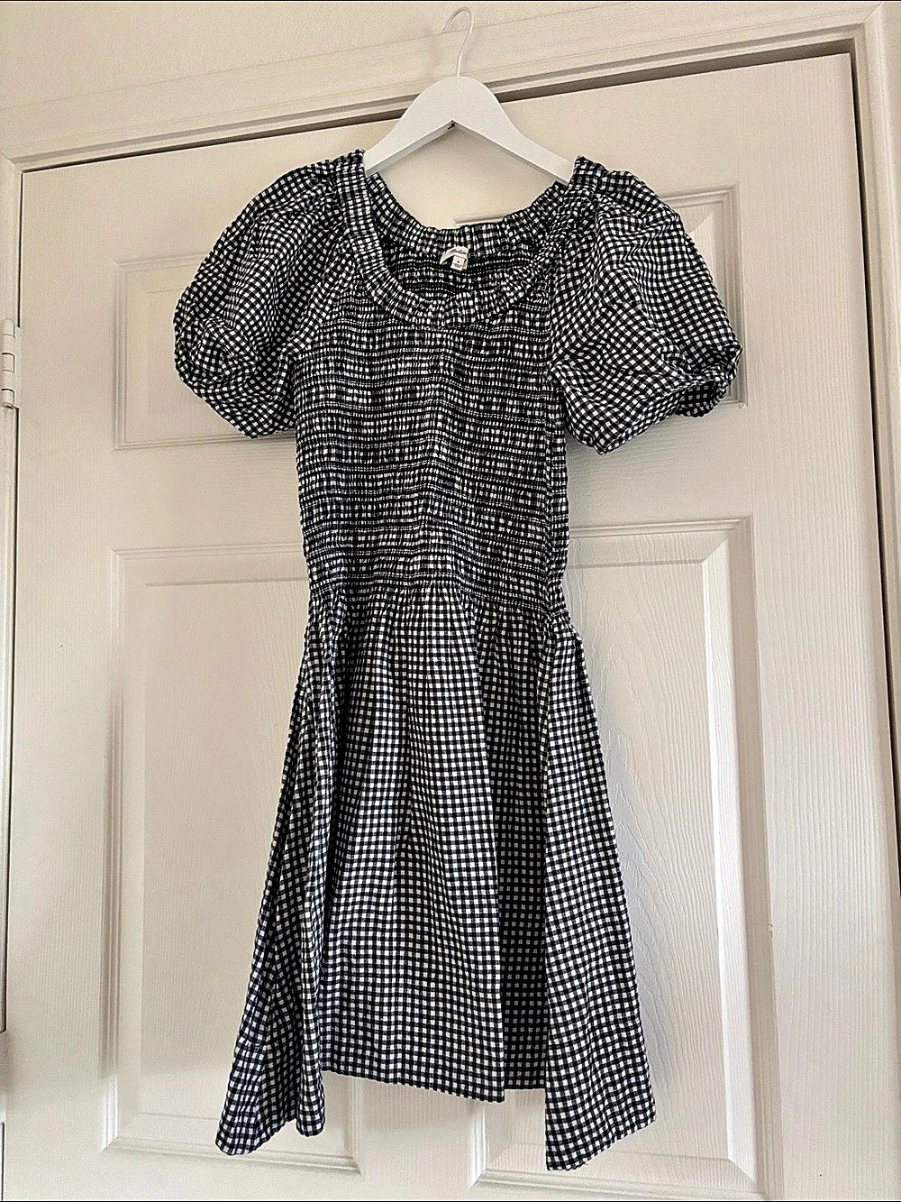 Madewell Smocked U-Neck Mini Dress Gingham Black & White Small Like New